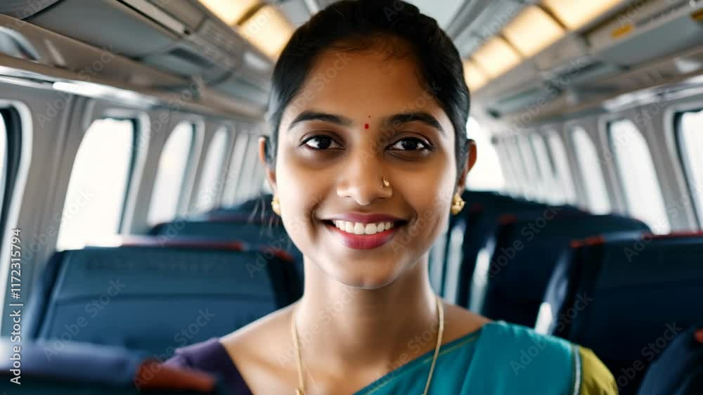 A smiling young Indian flight attendant in the middle of an empty passenger plane cabin. A young Indian flight attendant stands confidently in the cabin, ready for adventure. A smiling young Indian flight attendant in the middle of an empty passenger plane cabin. A young Indian flight attendant stands confidently in the cabin, ready for adventure.
