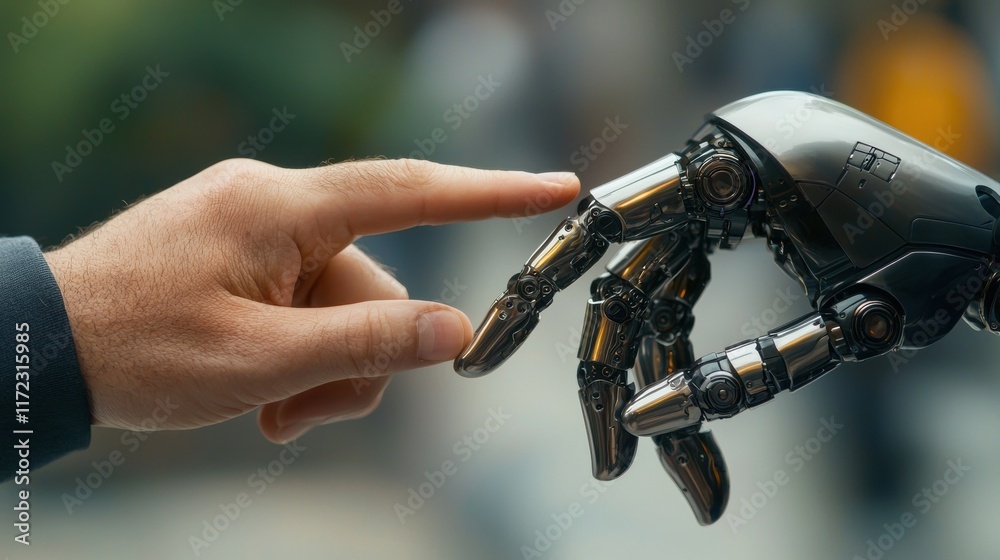 Human and robot interaction urban setting conceptual image technology environment close-up perspective Human and robot interaction urban setting conceptual image technology environment close-up perspective
