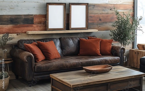 Rustic living room, leather sofa, wooden wall, interior design. photo