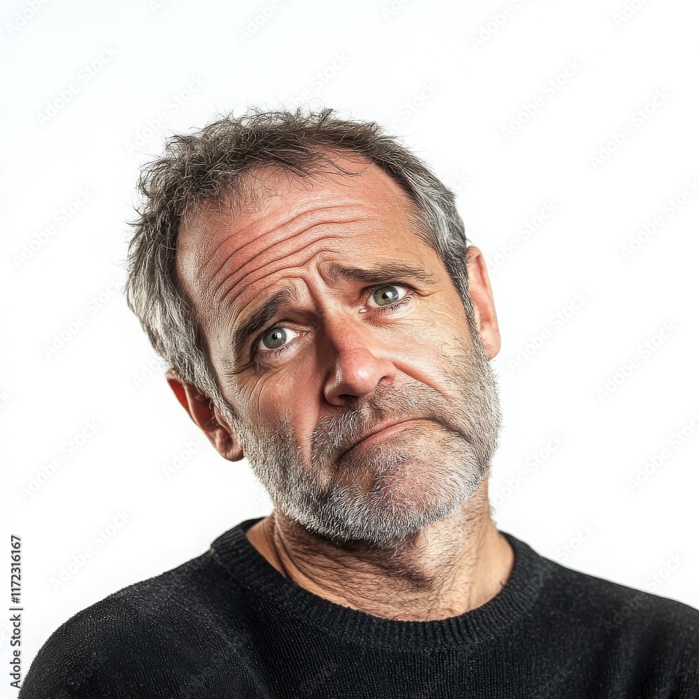 A middle-aged man with a skeptical look, tilting his head slightly, on a white background A middle-aged man with a skeptical look, tilting his head slightly, on a white background