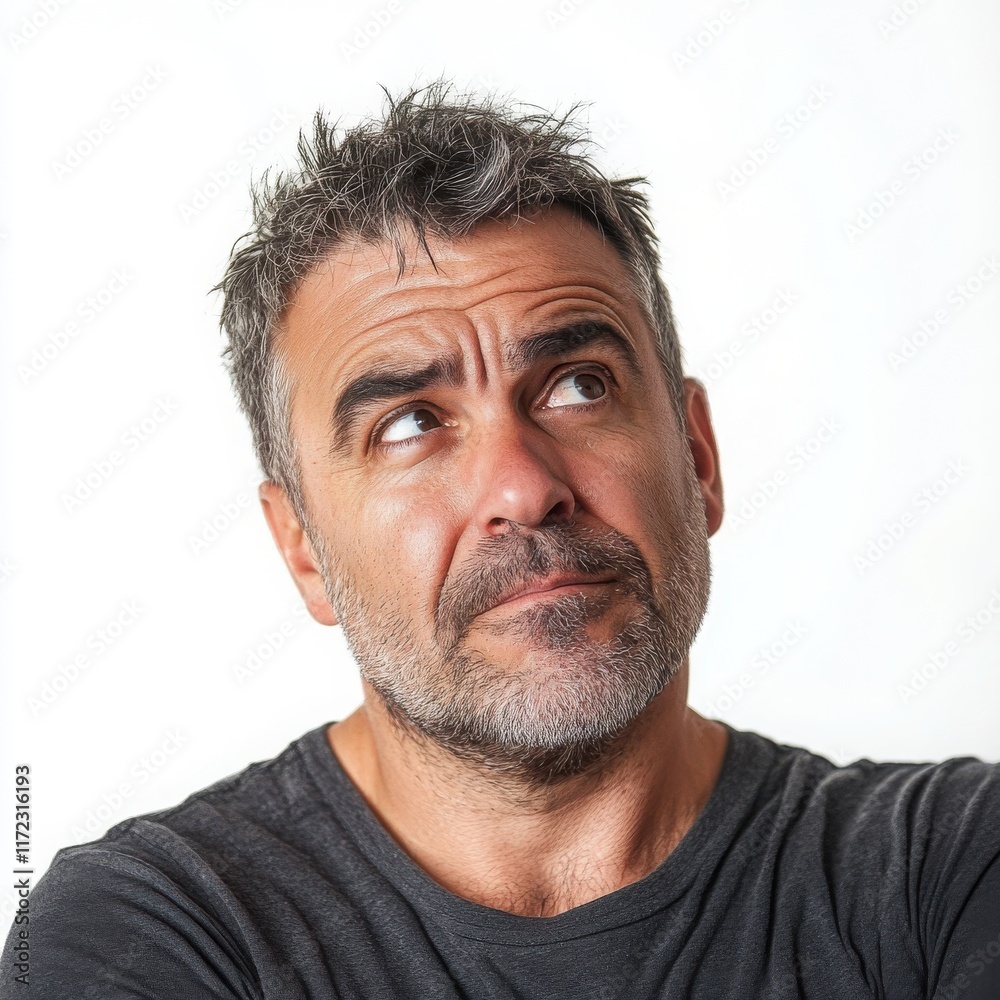 Fototapeta premium A middle-aged man with a skeptical look, tilting his head slightly, on a white background 