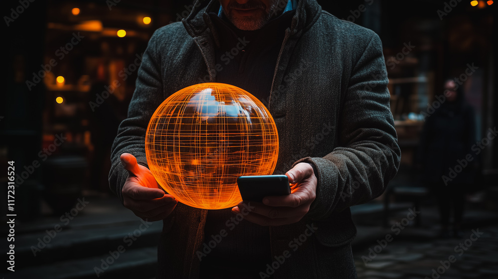 Fototapeta premium Global Connection: A man holds a glowing orb, representing the interconnectedness of our world. The warm light of the orb illuminates his face, suggesting a sense of purpose and possibility.