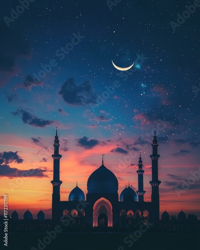 Majestic mosque silhouette at sunset under a crescent moon and starry night sky. photo