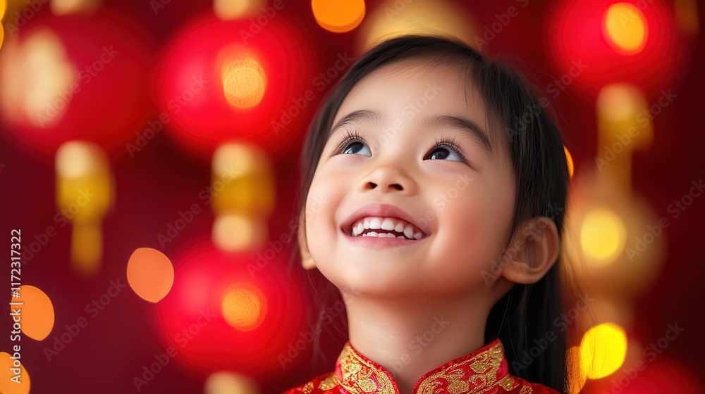 Joyful Asian Girl Smiling Amidst Red Lanterns and Warm Glow Joyful Asian Girl Smiling Amidst Red Lanterns and Warm Glow