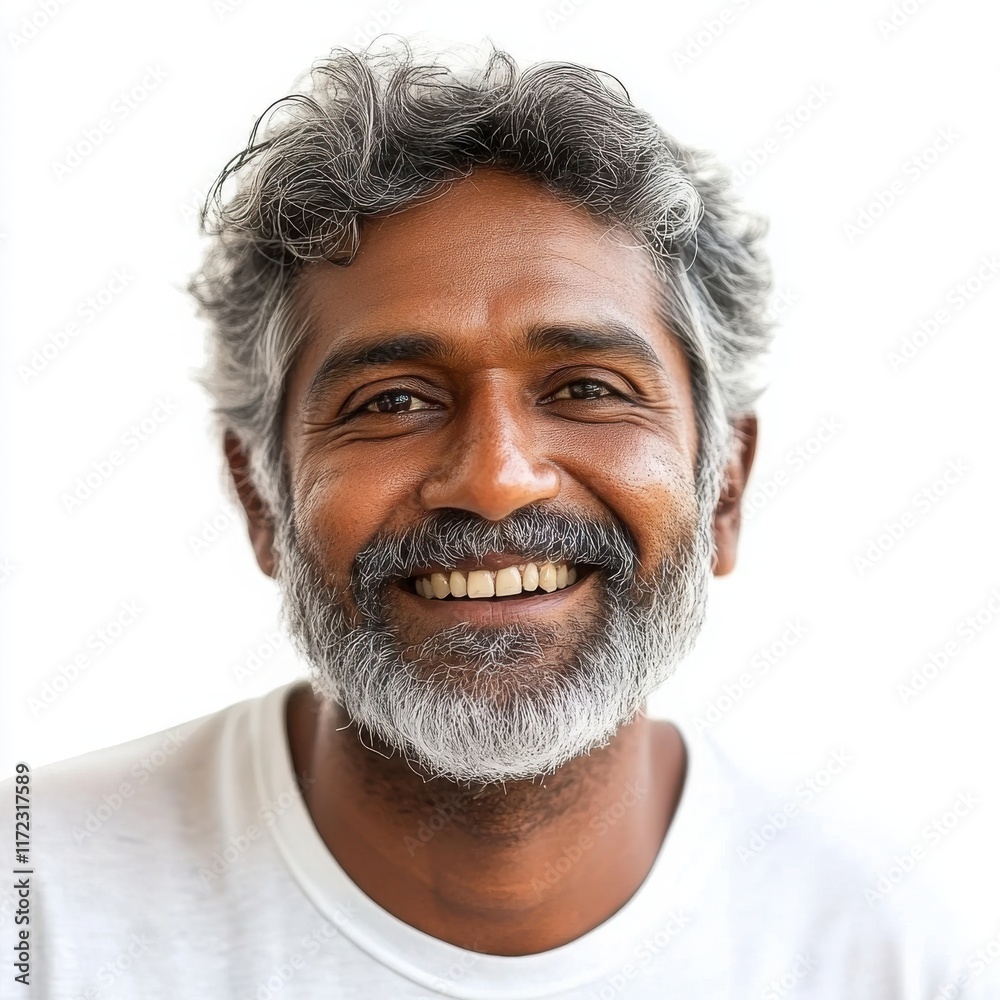 Fototapeta premium An Indian man with a beaming smile and slightly tilted head, exuding friendliness, on a white background 