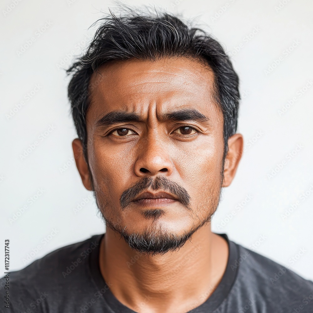 Fototapeta premium An Indonesian man with a determined look, furrowed brows, and focused eyes, expressing resilience, on a white background 