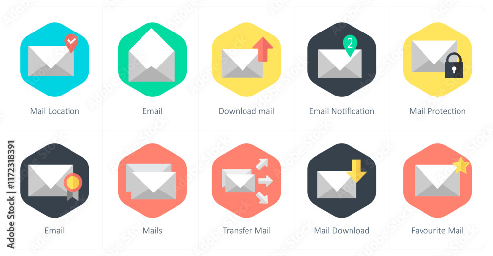 A set of 10 mix icons as mail location, email, download mail A set of 10 mix icons as mail location, email, download mail