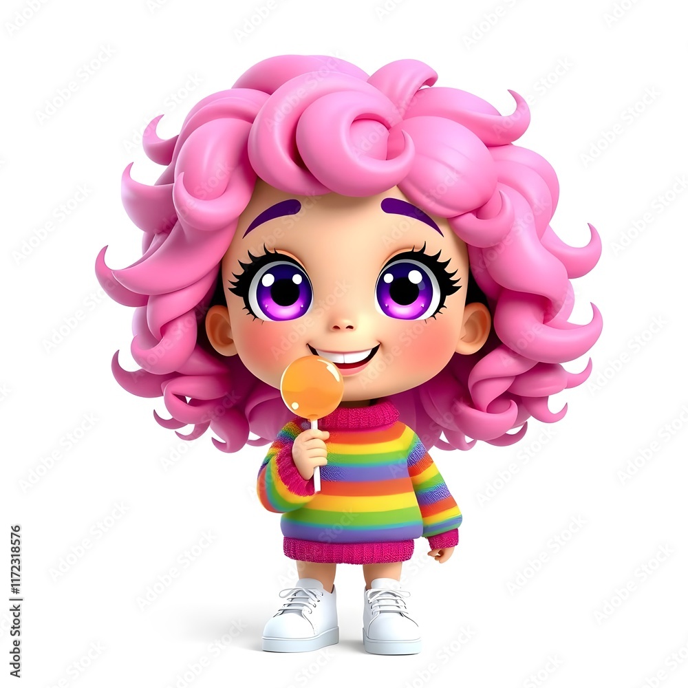 Adorable 3D Render of a Cute Girl with Pink Hair Holding a Lollipop, Wearing a Rainbow Sweater, Delightful and Playful Character Design Adorable 3D Render of a Cute Girl with Pink Hair Holding a Lollipop, Wearing a Rainbow Sweater, Delightful and Playful Character Design