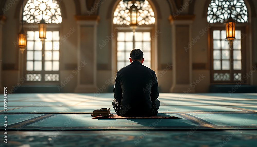 Man in Prayer in a Mosque, Seeking Spiritual Connection Man in Prayer in a Mosque, Seeking Spiritual Connection