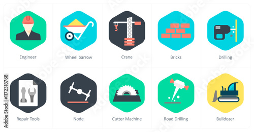 A set of 10 mix icons as engineer, wheel barrow, crane