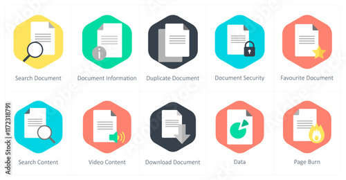A set of 10 mix icons as search document, document information, duplicate dcoument