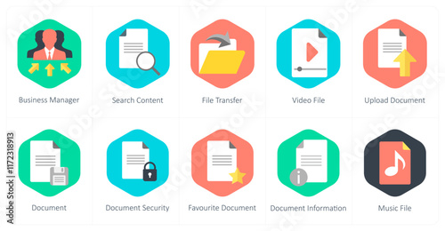 A set of 10 mix icons as business manager, search content, file transfer