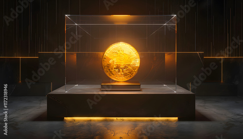 A gleaming Bitcoin coin encased in a protective glass display, symbolizing the value and security of digital currency photo