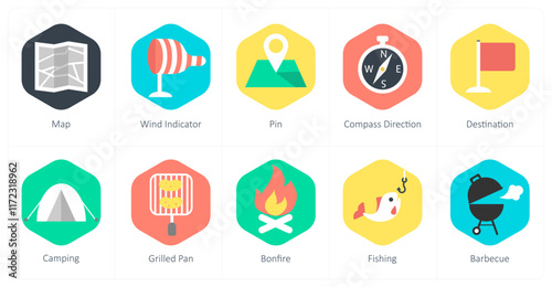 A set of 10 mix icons as map, wind indicator, pin