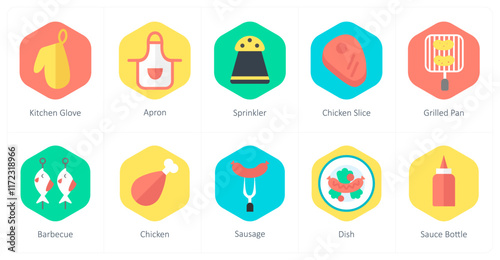 A set of 10 mix icons as kitchen glove, apron, sprinkler