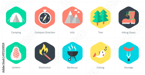 A set of 10 mix icons as camping, compass direction, hills