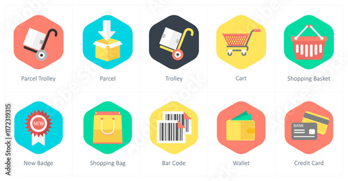A set of 10 mix icons as parcel trolley, parcel, trolley