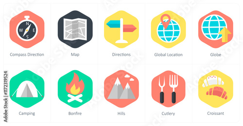 A set of 10 mix icons as compass direction, map, directions