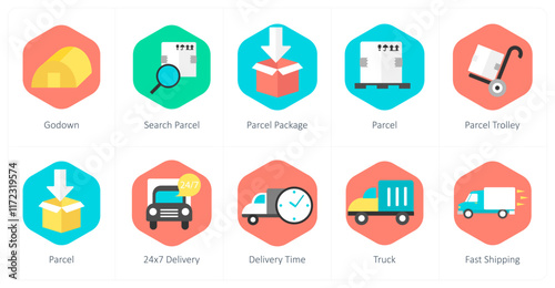 A set of 10 mix icons as godown, search parcel, parcel package