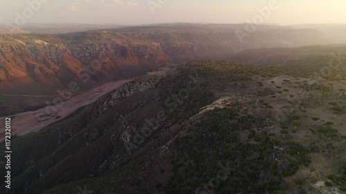 Aerial landscape of mountain and forest at Firmhin forest camp at sunset, Socotra island in Yemen, Asia
