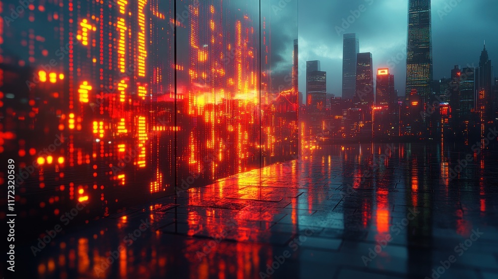 Fototapeta premium Futuristic city with glowing digital elements reflecting on wet streets