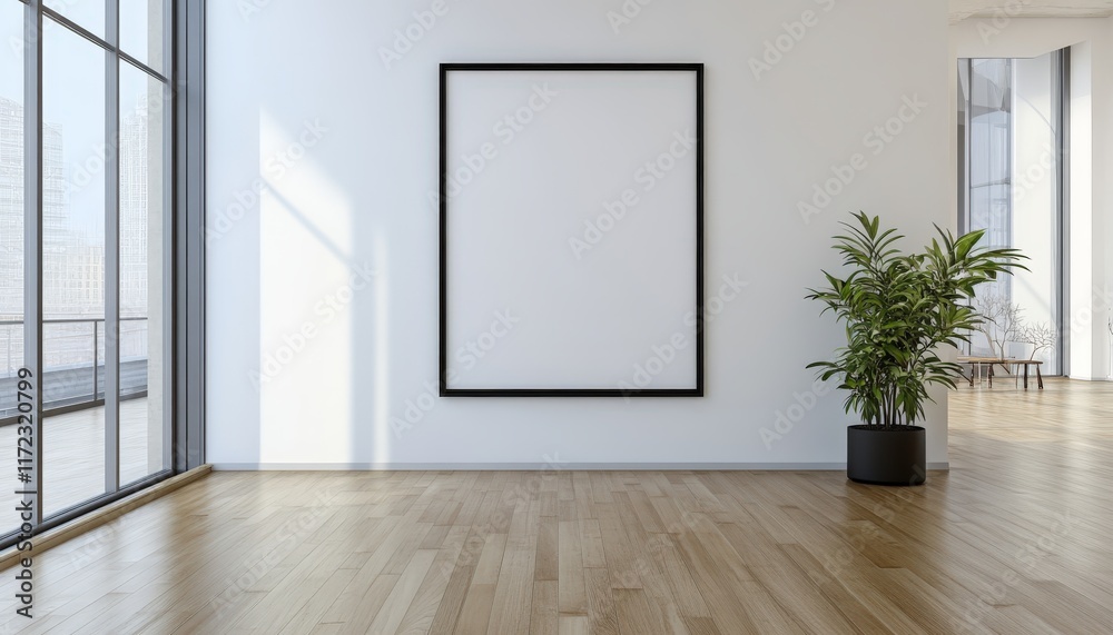 Modern Empty Room with Large Black Frame Hardwood Floor and Plant Modern Empty Room with Large Black Frame Hardwood Floor and Plant