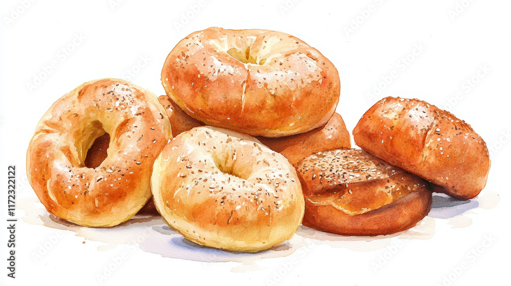 Delicious bagels stacked together, showcasing various textures and toppings Delicious bagels stacked together, showcasing various textures and toppings