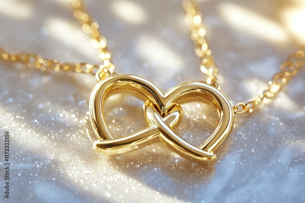 Golden Intertwined Hearts Necklace Sparkling Background Golden Intertwined Hearts Necklace Sparkling Background