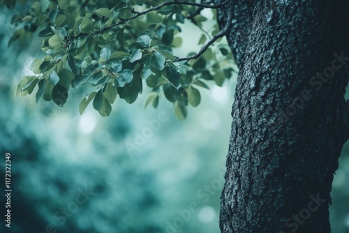 Close-up of a tree trunk with green leaves in sunlight photo