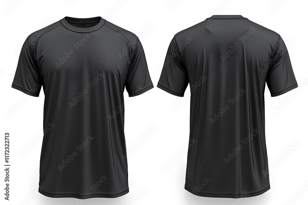 Mock up design of front and back view of a black blank t shirt with an isolated background Mock up design of front and back view of a black blank t shirt with an isolated background