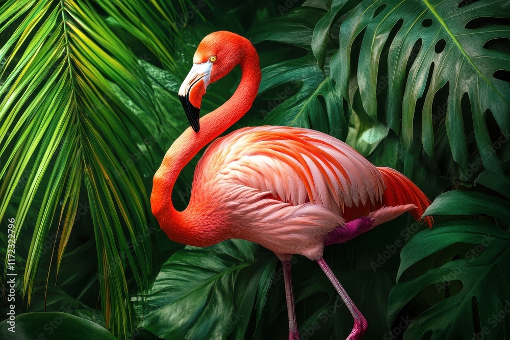 Fototapeta premium Vibrant Flamingo Standing Gracefully Among Lush Green Foliage in a Tropical Environment