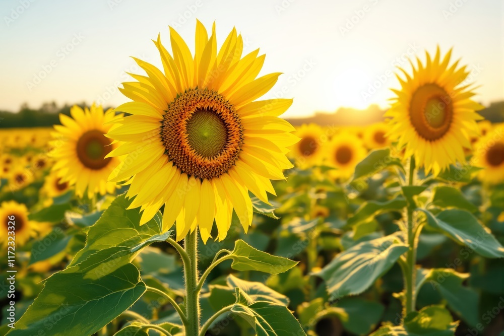 Fototapeta premium Sunflowers in full bloom with vibrant yellow petals and green leaves, lit by warm sunlight, on a clear sky background. Concept of nature and growth. Ai generative