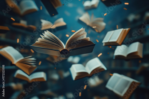 Open book soaring in midair, pages fluttering elegantly against a rustic backdrop of a sunlit forest clearing, capturing a moment of literary magic. photo