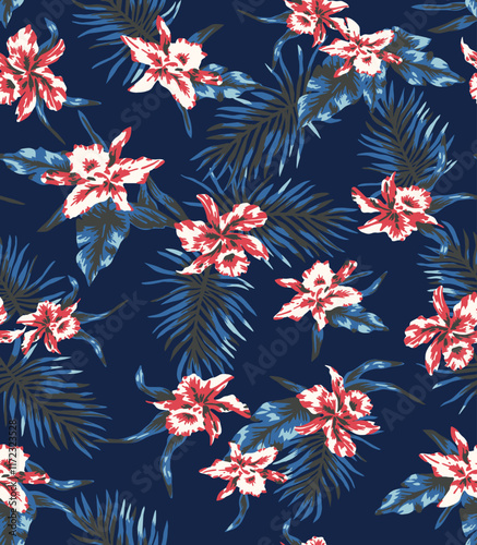topical flower seamless pattern on navy background