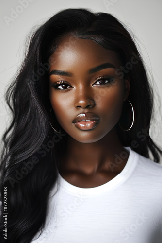 young black woman wearing long wavy wig white t-shirt hoop earrings gray background vertical portrait