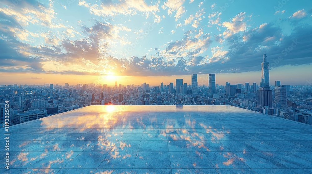 Naklejka premium City view with reflection at sunset.