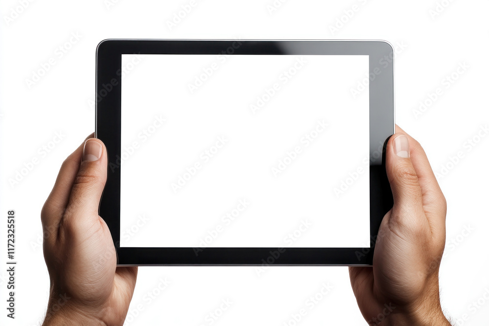 Person holding a tablet with a blank white screen, fingers tapping, sitting at a wooden desk with a cup of coffee beside them. Brightly lit room with a window in the background. Person holding a tablet with a blank white screen, fingers tapping, sitting at a wooden desk with a cup of coffee beside them. Brightly lit room with a window in the background.