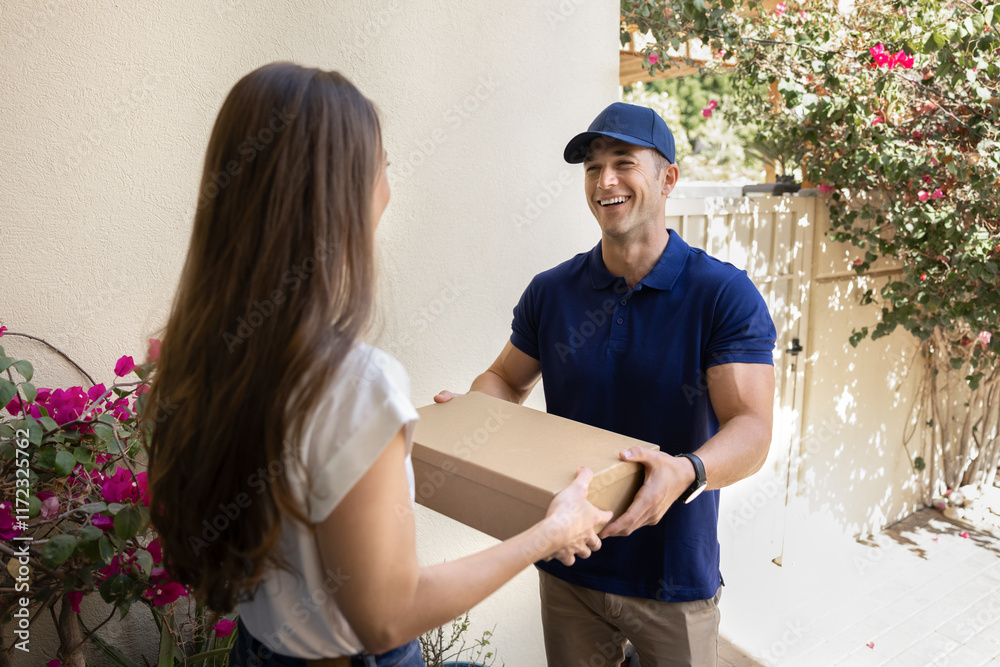 Happy male courier in blue uniform cap giving parcel to female client, smiling, laughing, talking to receiver woman, enjoying job in transportation delivery logistic service Happy male courier in blue uniform cap giving parcel to female client, smiling, laughing, talking to receiver woman, enjoying job in transportation delivery logistic service