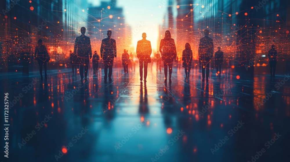 Obraz premium Silhouettes in a digital urban landscape.