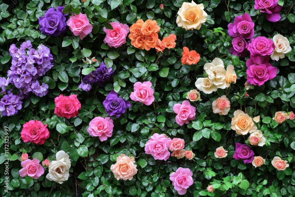 Colorful Roses Blooming on a Lush Green Wall Display Vibrant Hues of Pink, Purple, and Orange in a Beautiful Garden Setting Colorful Roses Blooming on a Lush Green Wall Display Vibrant Hues of Pink, Purple, and Orange in a Beautiful Garden Setting