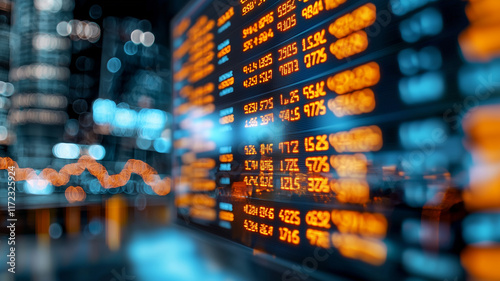 Stock market data. Table of digital data displayed on large screen with lights and blurred background
