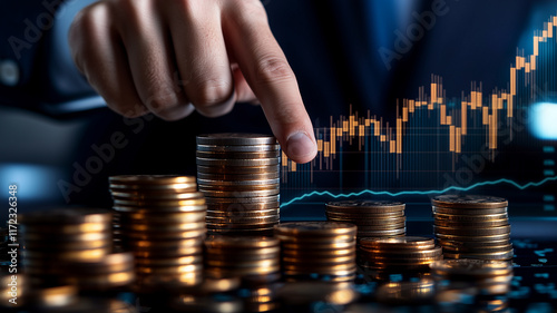 Businessman behind stacks of coins with financial stock market graph, investment and economic growth concept.
 photo