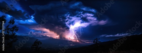 A time-lapse photograph of a volcanic lightning storm over an active volcano, Volcanic storm scene, Time-lapse style