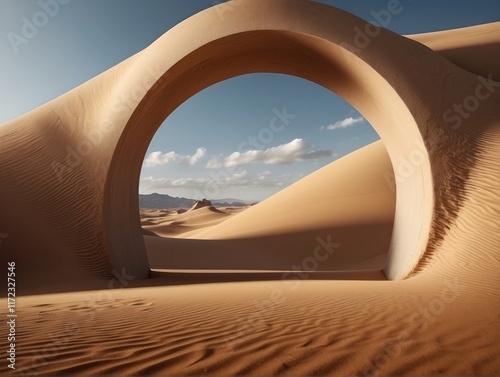 abstract modern minimal background with arch on a desert landscape with sand dunes, doorway in the wall