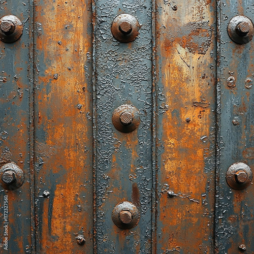 Rusty metal panels bolted together on industrial building exterior