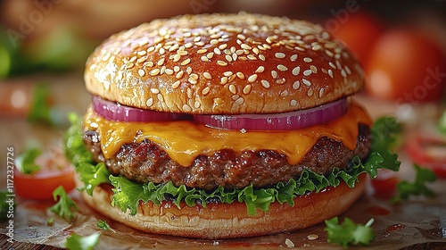 Juicy Cheeseburger Topped With Lettuce Onion And Sesame Bun photo