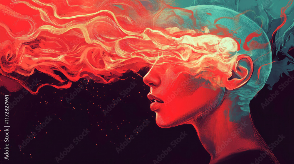 woman with thoughts on fire emotions cloudy head brain fog loneliness anxiety pensive mental health awareness psychology psychiatry mindfulness black background orange green yellow empathy woman with thoughts on fire emotions cloudy head brain fog loneliness anxiety pensive mental health awareness psychology psychiatry mindfulness black background orange green yellow empathy