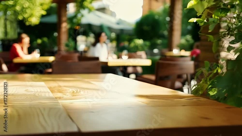 modern restaurant blurred cozy table product placement background outdoor text green plants wooden cafes eatery background business blank table retail wood desk empty blur hot drink shop bokeh