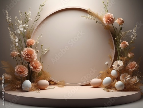 abstract easter sunny botanical background. Blank floral poster mockup. Round frame, craft paper flowers. Shop product display