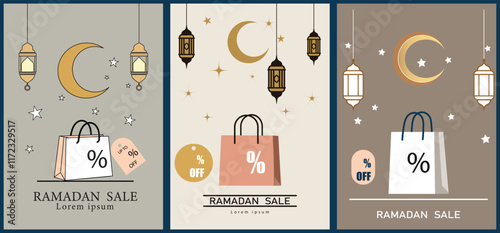 Ramadan sale illustrations with crescent moons, lanterns, shopping bags, and discount tags.For banners, flyers, social media ads, brochures, and posters promoting festive discounts and Ramadan offers.